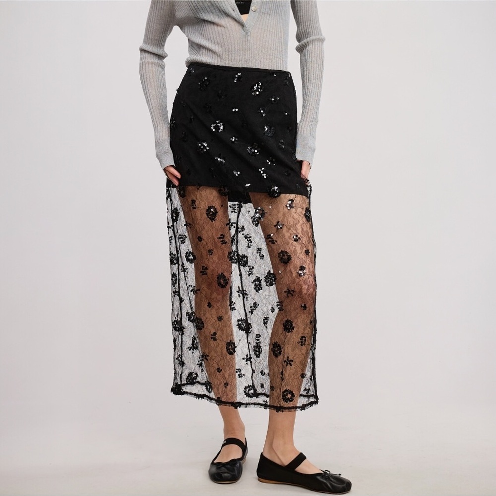 Unique Design Floral Sequin Sheer Lace Overlay Lined Midi Skirt